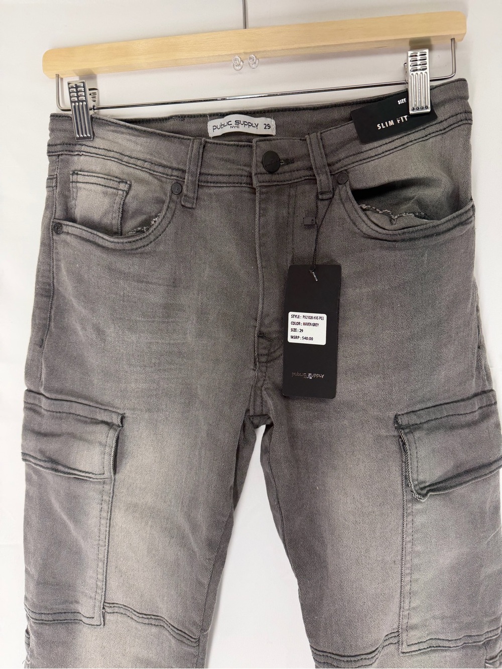 NWT Public Supply NYC Slim Fit Cargo Jeans Haven Grey Stretch Denim Size 29